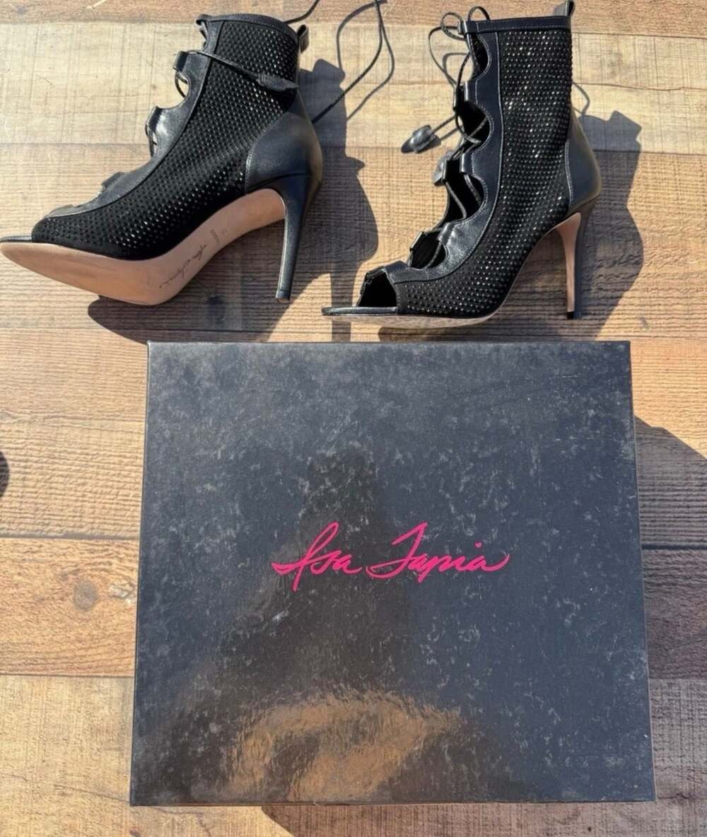 Isa Tapia Nadia Booties Size 39 Black Suede Stones Lace-Up Stiletto
